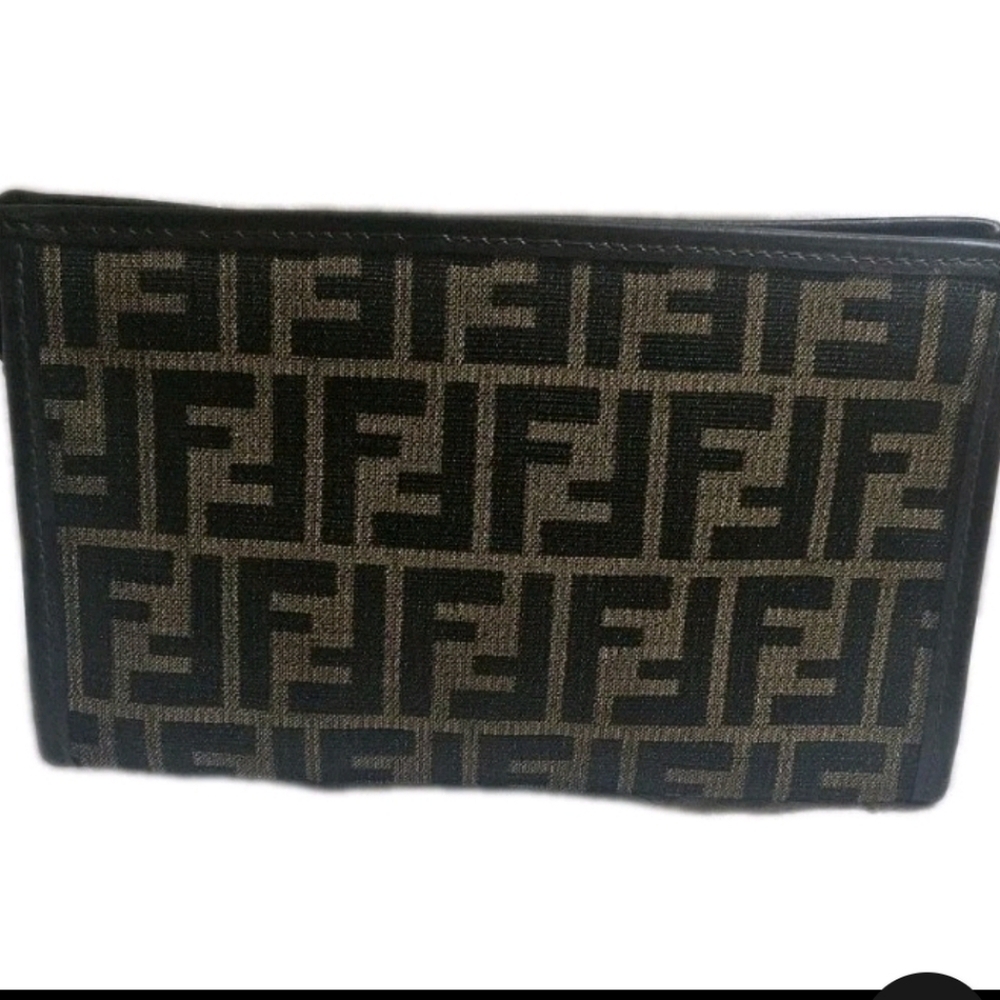 FENDI Zucca Cosmetic Pouch Brown Black Canvas Leather Authentic EUC